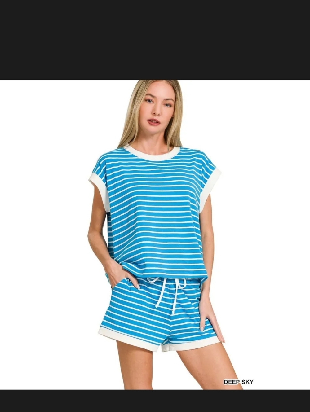 Zenana Lightweigh Deep Blue Sky Striped Set Sz Small NWOT